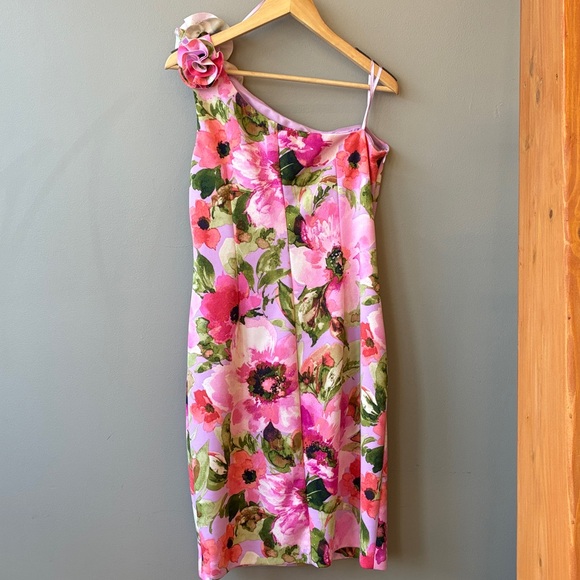 JH Evenings Floral Pink One-Shoulder Dress, sz 14 - Picture 6 of 9